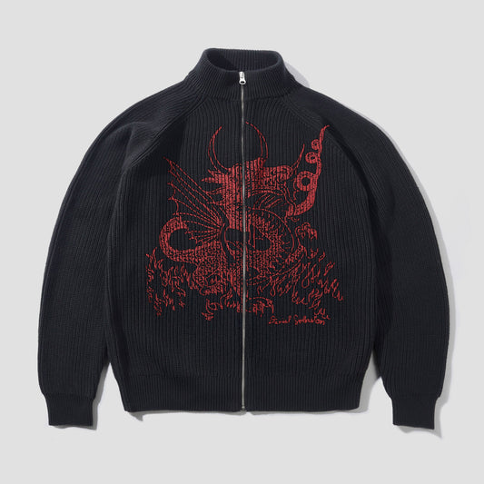 Butter x Daniel Johnston Dragon Knit Zip-Thru Sweater Black / Red