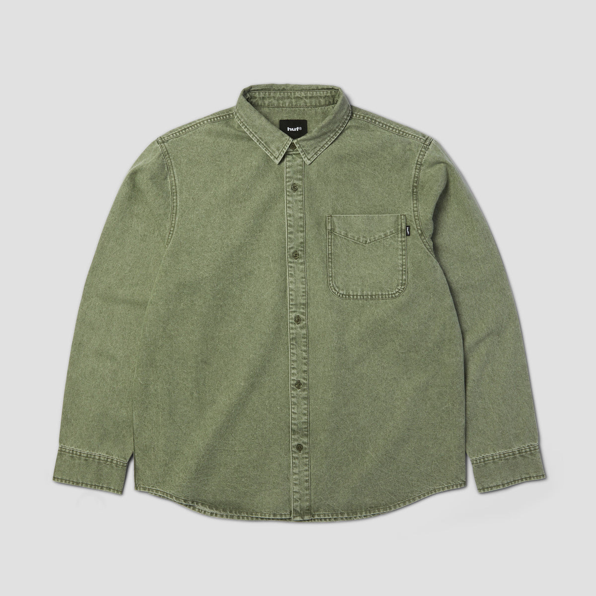 HUF Carson Overdyed Denim Longsleeve Shirt Olive