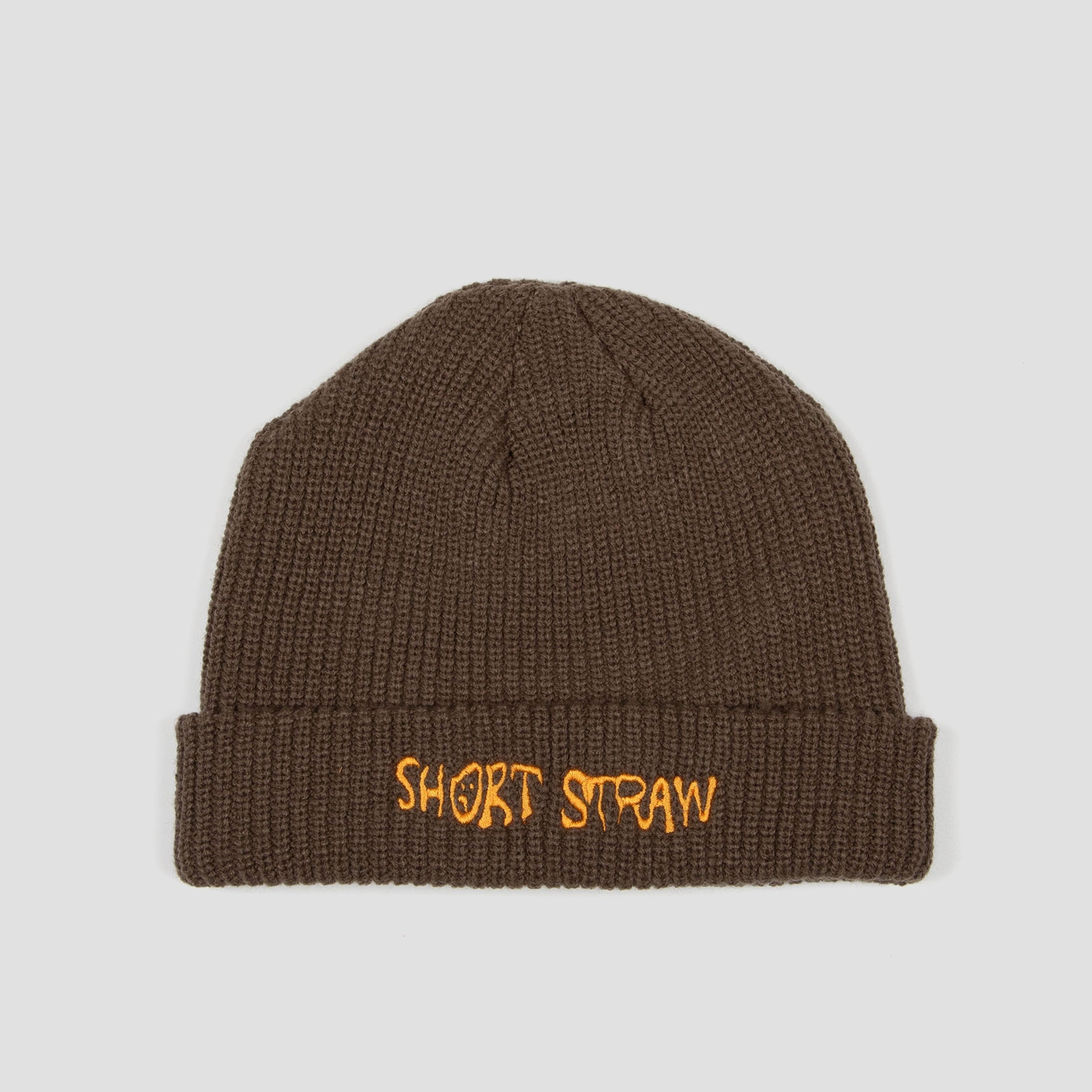 Short Straw Embroidered Warped Beanie Brown / Orange