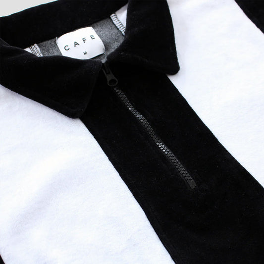 Skateboard Cafe Stripe 1/4 Zip Velour Polo Shirt Black / White