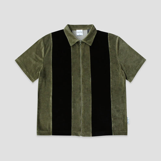 Skateboard Cafe Stripe Full Zip Velour Stripe Shirt Olive / Black