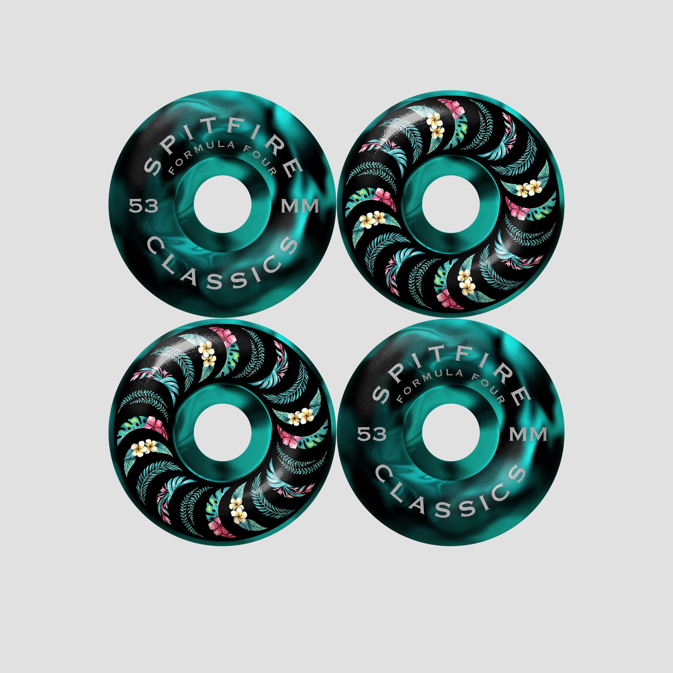 Spitfire 53mm Team Floral F4 99 Classic Skateboard Wheels Teal / Black Swirl