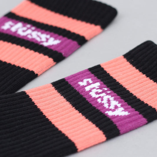 Stussy Stripe Crew Socks Black / Coral