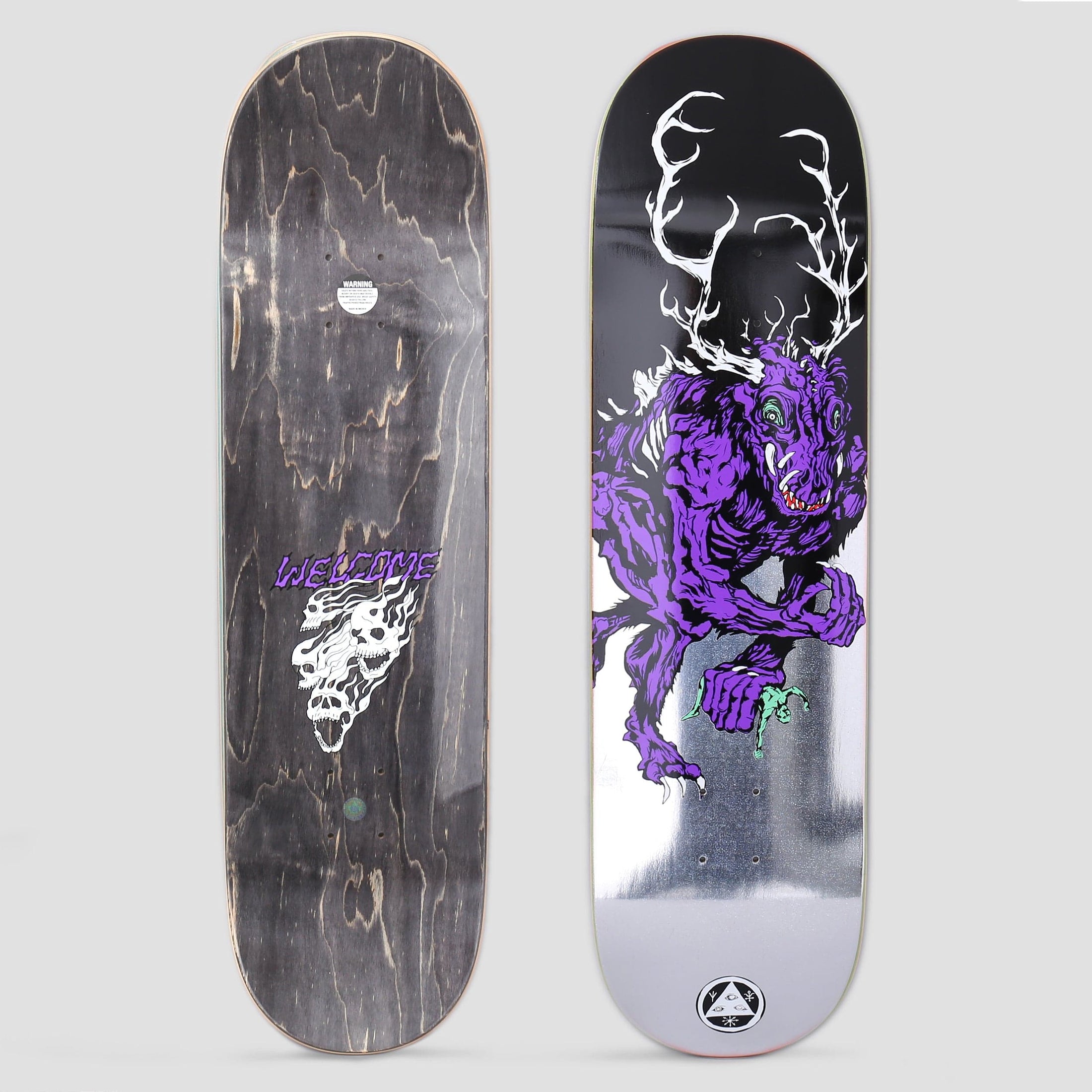 Welcome 8.5 Wendigo on Evil Twin Skateboard Deck Black / Glitter Foil
